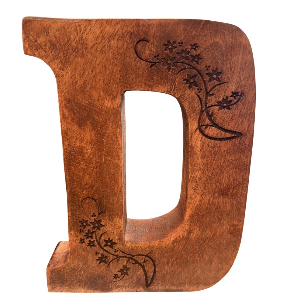 Hand Carved Wooden Letter D Floral Engraved Freestanding Monogram Decor 8 inch
